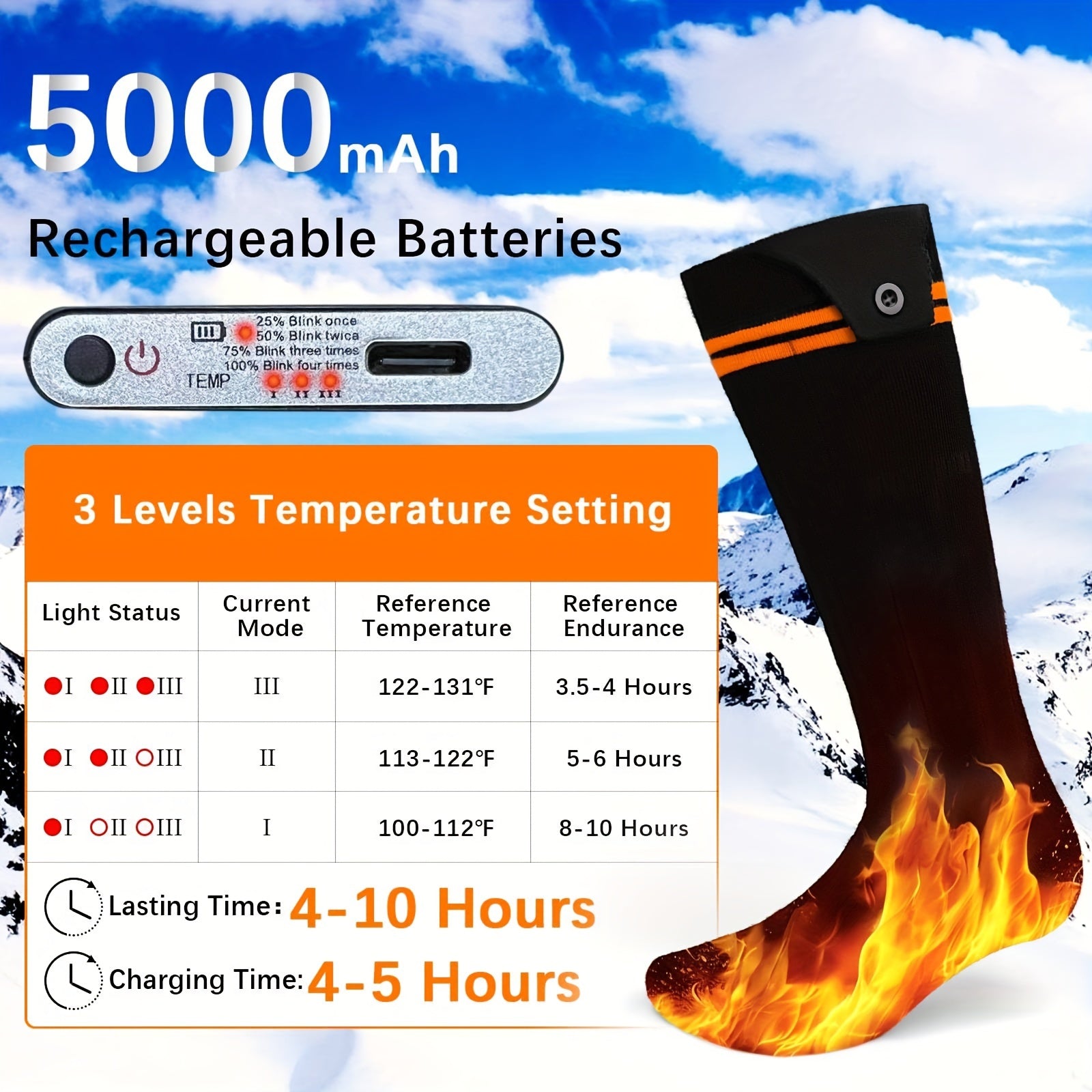Heated Socks With 5V 5000mAh Power Battery